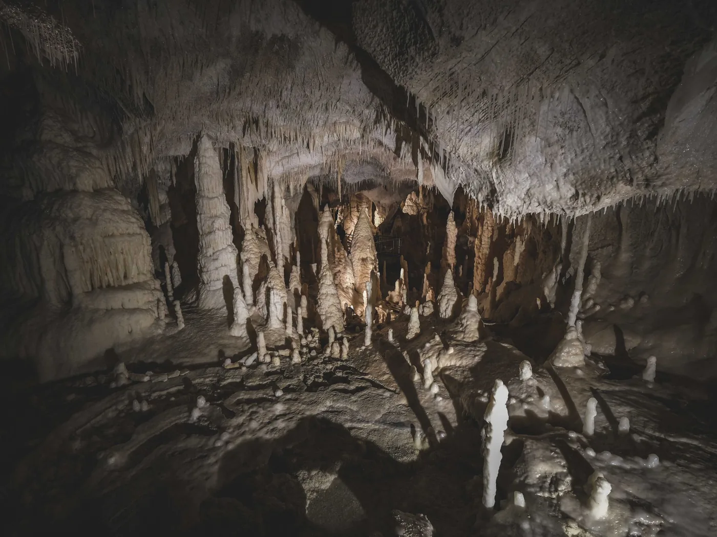 Stalactites and stalagmites lit inside a Phong Nha cave chamber